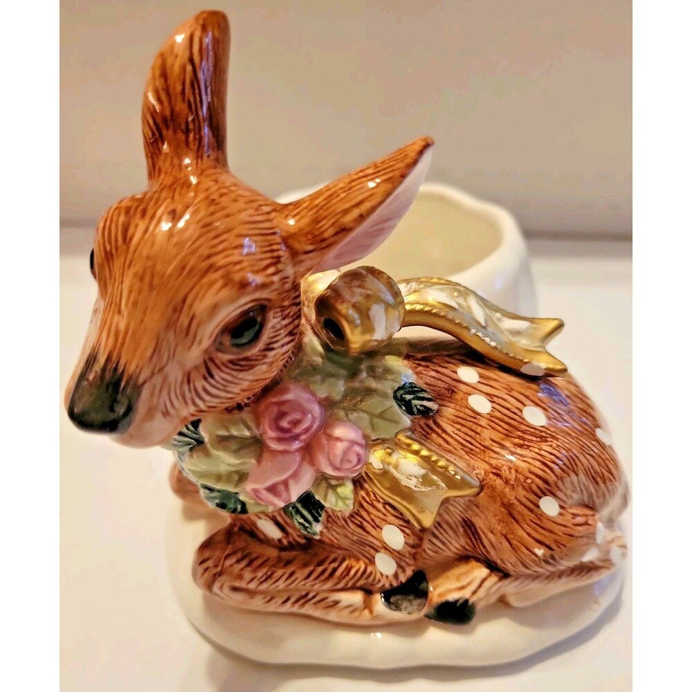 Fitz & Floyd Winter Rose Easter Deer Votive Candle Holder Planter Hand painted